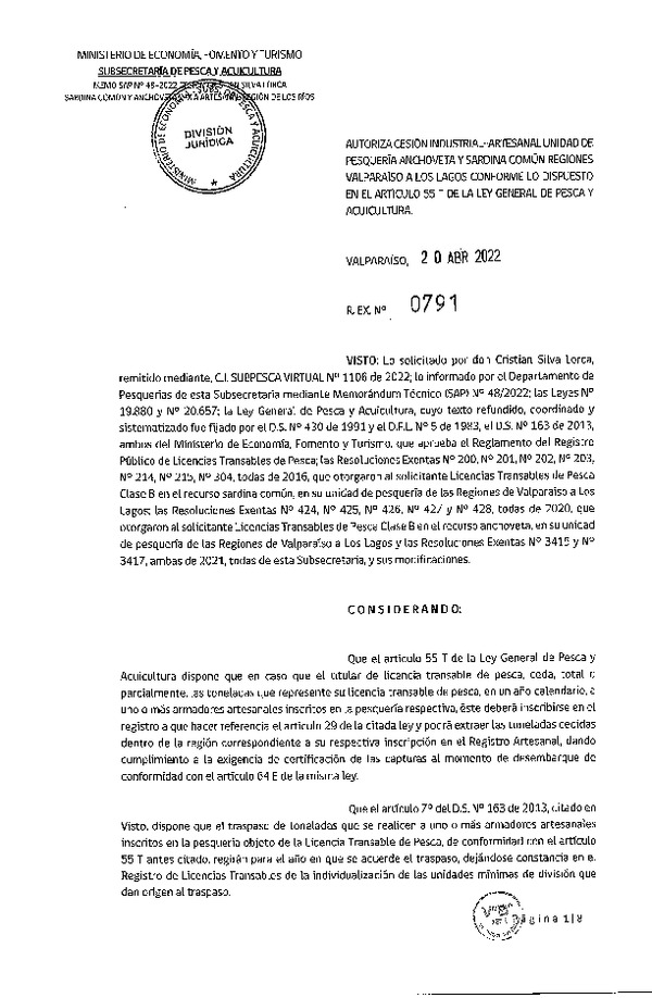 Res. Ex. N° 0791-2022, Autoriza Cesión unidad de pesquería Anchoveta y Sardina común, Regiones Valparaíso a Los Lagos. (Publicado en Página Web 21-04-2022)
