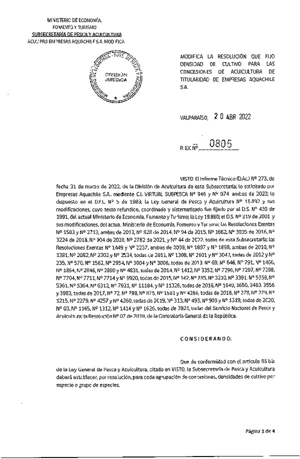 Res. Ex. N° 0805-2022 Modifica Res. Ex. N° 0044-2022 Fija densidad de cultivo para las concesiones de acuicultura de titularidad de Empresas Aquachile S.A. (Con Informe Técnico) (Publicado en Página Web 21-04-2022).