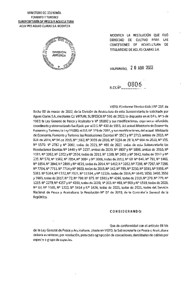 Res. Ex. N° 0806-2022 Modifica Res. Ex. 155-2021 Fija densidad de cultivo para concesiones de acuicultura de titularidad de Aguas Claras S.A. (Con Informe Técnico) (Publicado en Página Web 21-04-2022)