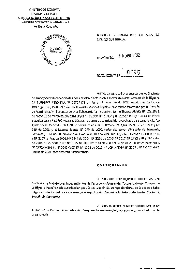 Res. Ex. N° 0795-2022 Autoriza Repoblamiento que Indica. (Publicado en Página Web 21-04-2022)