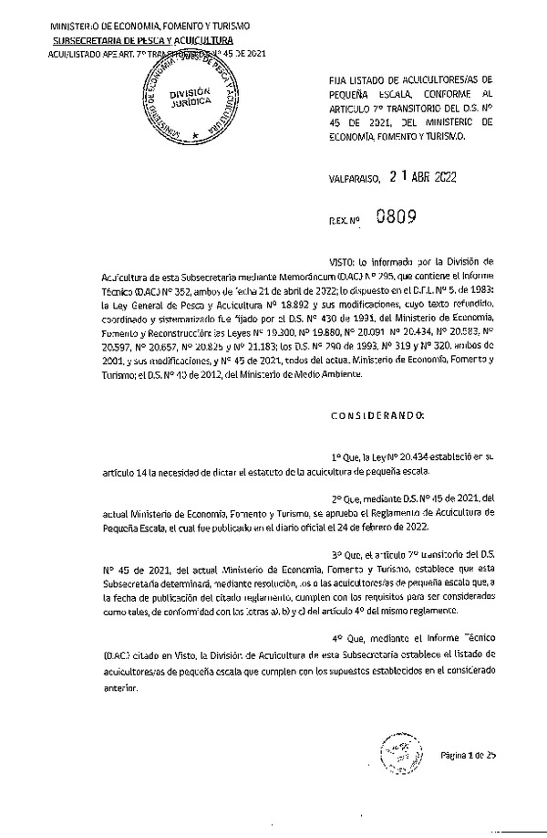 Res. Ex. N° 0829-2022 Fija Listado de Acuicultores/as de Pequeña Escala, Conforme al Artículo 7° Transitorio del D.S. N° 45 de 2021, del Ministerio de Economía, Fomento Y Turismo. (Publicado en Página Web 22-04-2022)