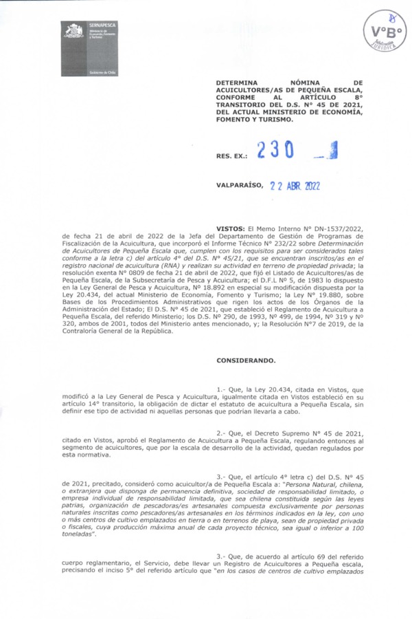 Res. Ex. N° 230-2022 (Sernapesca) Determina Nómina de Acuicultores/ as de Pequeña Escala, Conforme al Artículo 8° Transitorio del D.S. N° 45 de 2021, del Actual Ministerio De Economía, Fomento y Turismo. (Publicado en Página Web 25-04-2022)