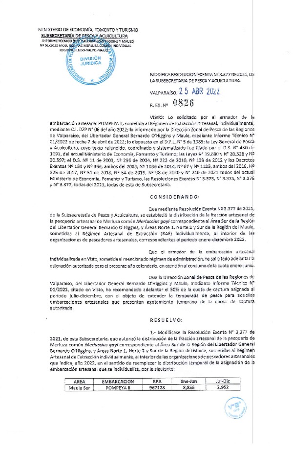 Res. Ex. N° 0826-2022 Modifica Res. Ex. 3377-2021 Distribución de la Fracción Artesanal de Pesquería de Merluza común Individual, Área Sur de la Región del Libertador General Bernardo O’Higgins, y Áreas Norte 1, Norte 2 y Sur de la Región del Maule. (Publicado en Página Web 25-04-2022)