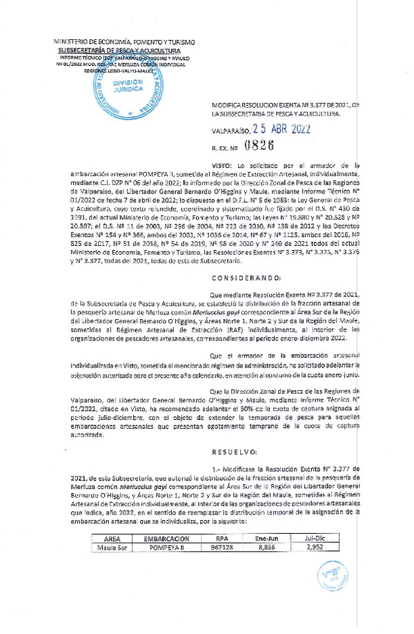 Res. Ex. N° 0826-2022 Modifica Res. Ex. 3377-2021 Distribución de la Fracción Artesanal de Pesquería de Merluza común Individual, Área Sur de la Región del Libertador General Bernardo O’Higgins, y Áreas Norte 1, Norte 2 y Sur de la Región del Maule. (Publicado en Página Web 25-04-2022)