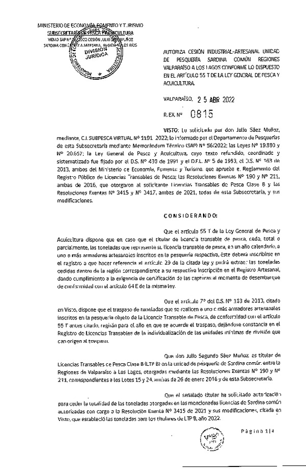 Res. Ex. N° 0815-2022, Autoriza Cesión unidad de pesquería Sardina común, Regiones Valparaíso a Los Lagos. (Publicado en Página Web 25-04-2022)