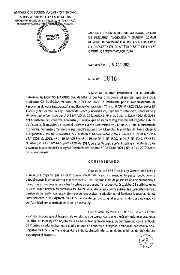 Res. Ex. N° 0816-2022, Autoriza Cesión unidad de pesquería Sardina común, Regiones Valparaíso a Los Lagos. (Publicado en Página Web 25-04-2022)