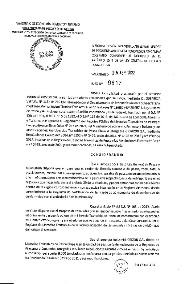 Res. Ex. N° 0817-2022, Autoriza Cesión unidad de pesquería Anchoveta, Regiones Atacama a Coquimbo. (Publicado en Página Web 25-04-2022)
