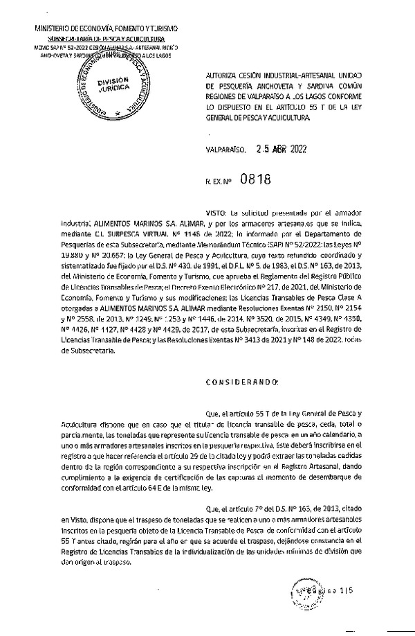 Res. Ex. N° 0818-2022, Autoriza Cesión unidad de pesquería Anchoveta y Sardina común, Regiones Valparaíso a Los Lagos. (Publicado en Página Web 25-04-2022)