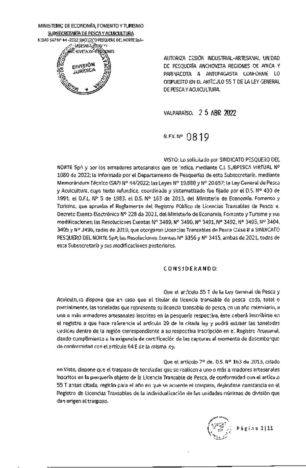 Res. Ex. N° 0819-2022, Autoriza Cesión unidad de pesquería Anchoveta, Regiones de Arica y Parinacota a Antofagasta. (Publicado en Página Web 25-04-2022)