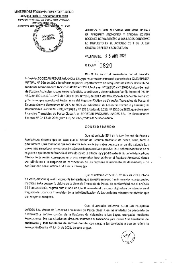 Res. Ex. N° 0820-2022, Autoriza Cesión unidad de pesquería Anchoveta y Sardina común, Regiones Valparaíso a Los Lagos. (Publicado en Página Web 25-04-2022)