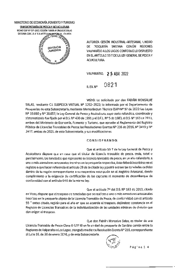 Res. Ex. N° 0821-2022, Autoriza Cesión unidad de pesquería Anchoveta y Sardina común, Regiones Valparaíso a Los Lagos. (Publicado en Página Web 25-04-2022)