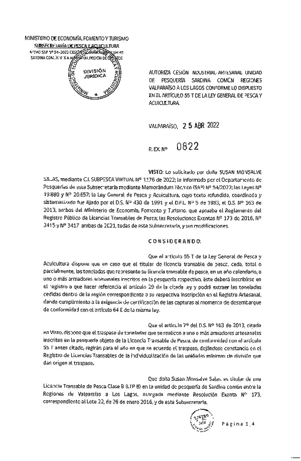 Res. Ex. N° 0822-2022, Autoriza Cesión unidad de pesquería Sardina común, Regiones Valparaíso a Los Lagos. (Publicado en Página Web 25-04-2022)