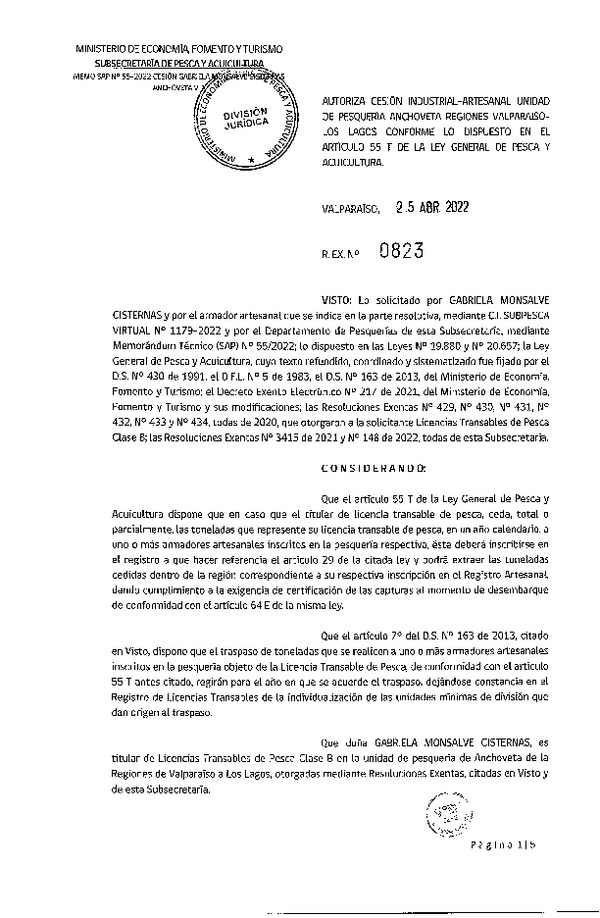 Res. Ex. N° 0823-2022, Autoriza Cesión unidad de pesquería de Anchoveta, Regiones Valparaíso a Los Lagos. (Publicado en Página Web 25-04-2022)