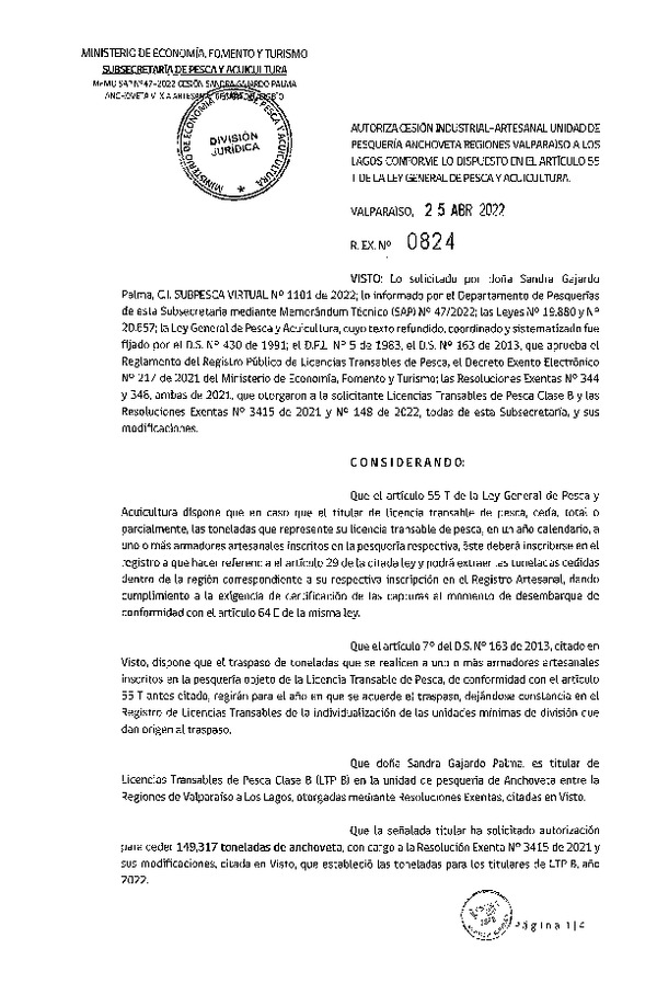 Res. Ex. N° 0824-2022, Autoriza Cesión unidad de pesquería de Anchoveta, Regiones Valparaíso a Los Lagos. (Publicado en Página Web 25-04-2022)