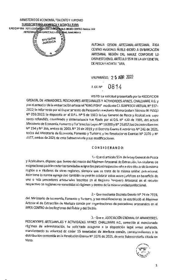 Res. Ex. N° 0814-2022 Autoriza Cesión de Merluza Común de Ñuble-Biobío a Región del Maule. (Publicado en Página Web 25-04-2022)