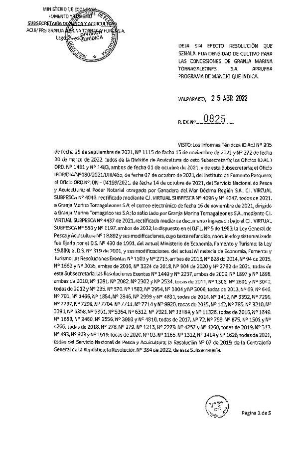 Res. Ex. N° 0825-2022, Deja sin efecto resolución que señala. Fija Densidad de Cultivo para las Concesiones de Granja Marina Tornagaleones S.A. Aprueba Programa de Manejo que Indica. (Publicado en Página Web 25-04-2022)