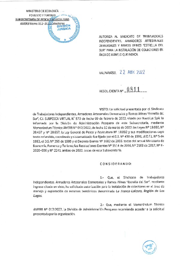 Res. Ex. N° 0811-2022 Autoriza instalación de colectores. (Publicado en Página Web 25-04-2022)