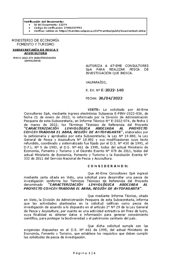 R. EX. Nº E-2022-140 CARACTERIZACIÓN LIMNOLÓGICA ASOCIADA AL PROYECTO CONCENTRADORA EL ABRA, REGIÓN DE ANTOFAGASTA. (Publicado en Página Web 26-04-2022)