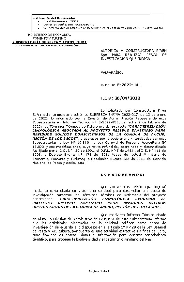 R. EX. Nº E-2022-141 CARACTERIZACIÓN LIMNOLÓGICA ASOCIADA AL PROYECTO RELLENO SANITARIO PARA RESIDUOS SÓLIDOS DOMICILIARIOS DE LA COMUNA DE ANCUD, REGIÓN DE LOS LAGOS. (Publicado en Página Web 26-04-2022)