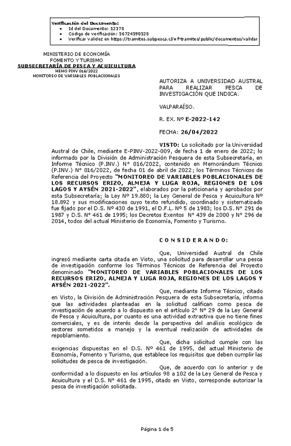 R. EX. Nº E-2022-142 MONITOREO DE VARIABLES POBLACIONALES DE LOS RECURSOS ERIZO, ALMEJA Y LUGA ROJA, REGIONES DE LOS LAGOS Y AYSÉN 2021-2022. (Publicado en Página Web 26-04-2022)