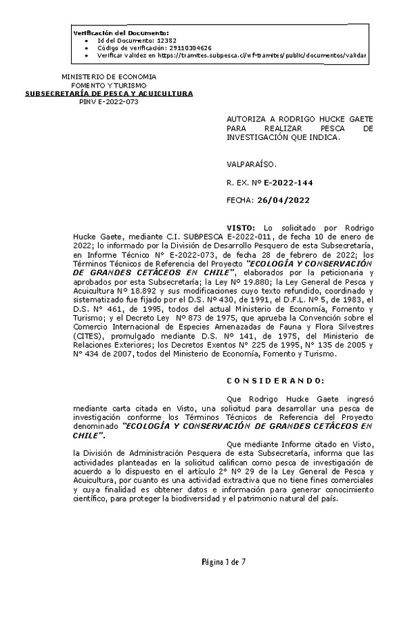 R. EX. Nº E-2022-144 ECOLOGÍA Y CONSERVACIÓN DE GRANDES CETÁCEOS EN CHILE. (Publicado en Página Web 26-04-2022)