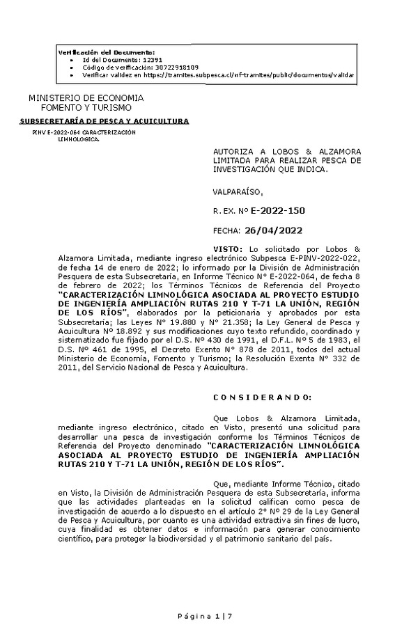 R. EX. Nº E-2022-150 CARACTERIZACIÓN LIMNOLÓGICA ASOCIADA AL PROYECTO ESTUDIO DE INGENIERÍA AMPLIACIÓN RUTAS 210 Y T-71 LA UNIÓN, REGIÓN DE LOS RÍOS. (Publicado en Página Web 26-04-2022)