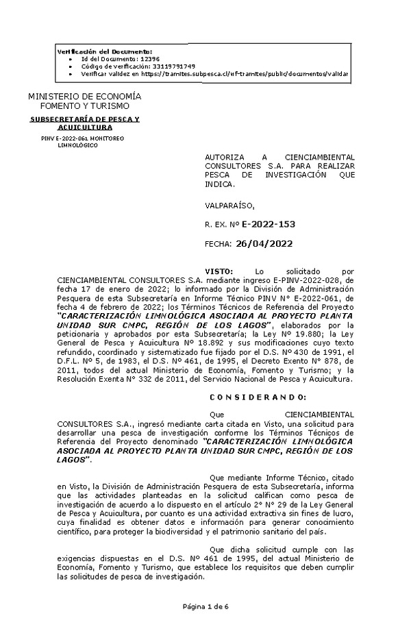 R. EX. Nº E-2022-153 CARACTERIZACIÓN LIMNOLÓGICA ASOCIADA AL PROYECTO PLANTA UNIDAD SUR CMPC, REGIÓN DE LOS LAGOS. (Publicado en Página Web 26-04-2022)