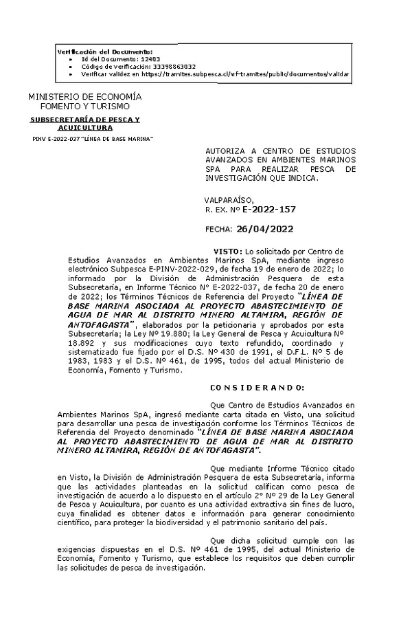 R. EX. Nº E-2022-157 LÍNEA DE BASE MARINA ASOCIADA AL PROYECTO ABASTECIMIENTO DE AGUA DE MAR AL DISTRITO MINERO ALTAMIRA, REGIÓN DE ANTOFAGASTA. (Publicado en Página Web 26-04-2022)