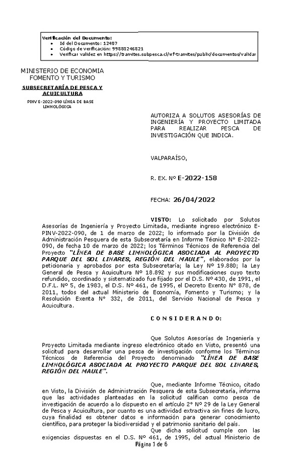 R. EX. Nº E-2022-158 LÍNEA DE BASE LIMNOLÓGICA ASOCIADA AL PROYECTO PARQUE DEL SOL LINARES, REGIÓN DEL MAULE. (Publicado en Página Web 26-04-2022)