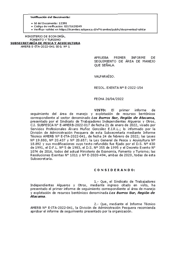 RESOL. EXENTA Nº E-2022-154 Aprueba 1° Seguimiento. (Publicado en Página Web 26-04-2022)