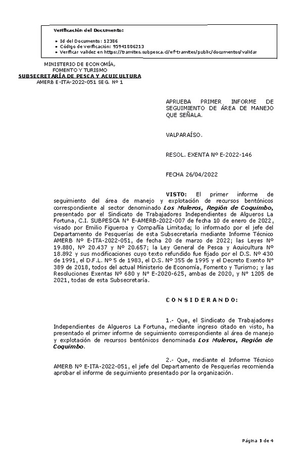 RESOL. EXENTA Nº E-2022-146 Aprueba 1° Seguimiento. (Publicado en Página Web 26-04-2022)