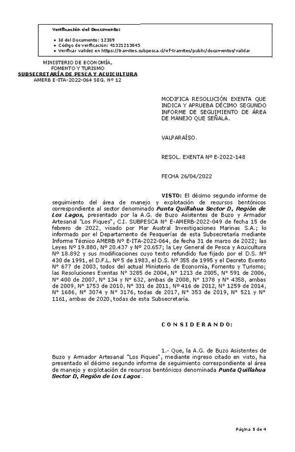 RESOL. EXENTA Nº E-2022-148 Modifica resolución que indica. Aprueba 12° Seguimiento. (Publicado en Página Web 26-04-2022)