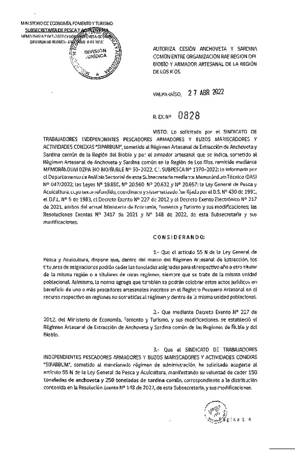 Res. Ex. N° 0828-2022 Autoriza Cesión de Anchoveta y sardina común, Regiones a Los Ríos. (Publicado en Página Web 27-04-2022)
