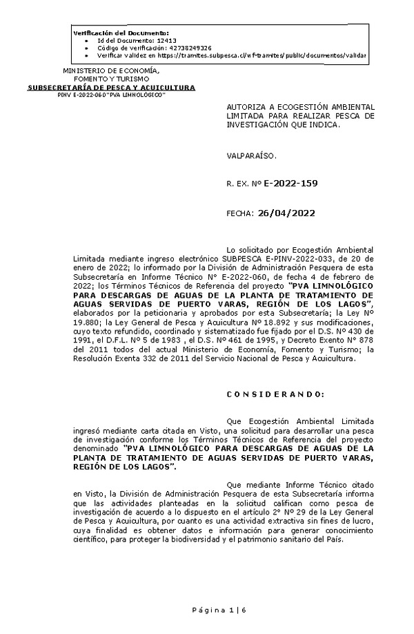 R. EX. Nº E-2022-159 PVA LIMNOLÓGICO PARA DESCARGAS DE AGUAS DE LA PLANTA DE TRATAMIENTO DE AGUAS SERVIDAS DE PUERTO VARAS, REGIÓN DE LOS LAGOS. (Publicado en Página Web 27-04-2022)