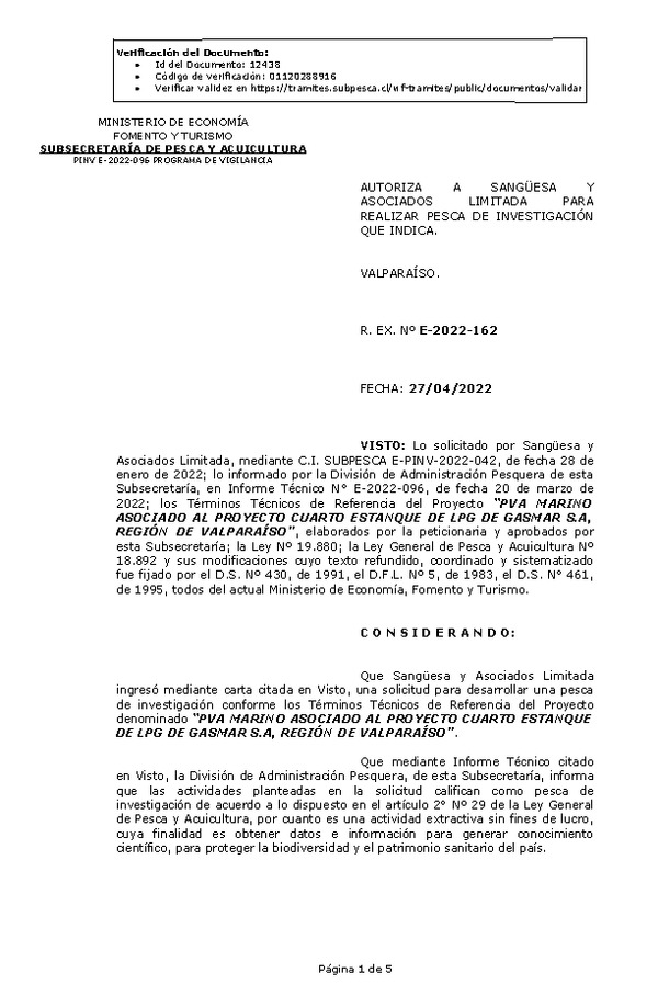 R. EX. Nº E-2022-162 PVA MARINO ASOCIADO AL PROYECTO CUARTO ESTANQUE DE LPG DE GASMAR S.A, REGIÓN DE VALPARAÍSO. (Publicado en Página Web 27-04-2022)