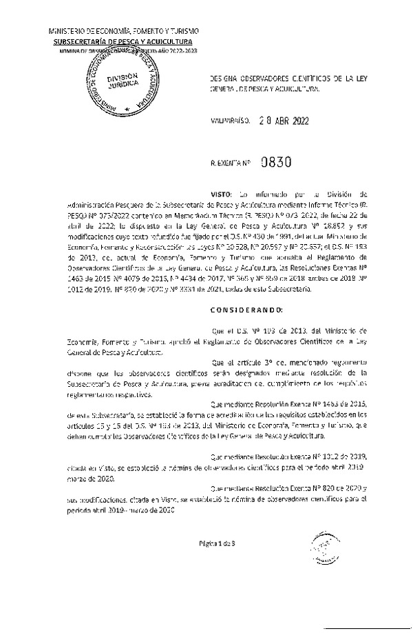 Res. Ex. N° 0830-2022 Designa Observadores Científicos de la Ley General de Pesca y Acuicultura. (Publicado en Página Web 29-04-2022)