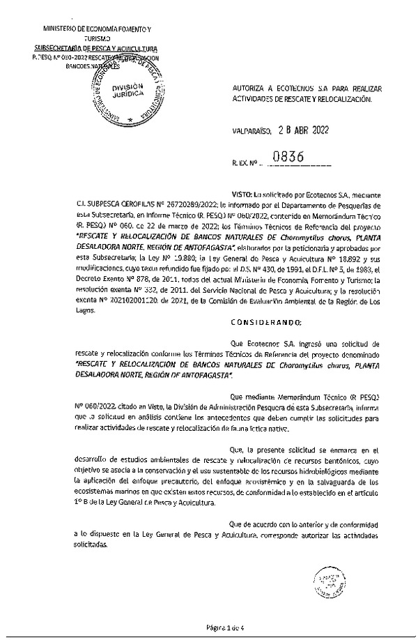 Res. Ex. N° 0836-2022 RESCATE Y RELOCALIZACIÓN DE BANCOS NATURALES DE Choromytilus chorus, PLANTA DESALADORA NORTE, REGIÓN DE ANTOFAGASTA. (Publicado en Página Web 29-04-2022)