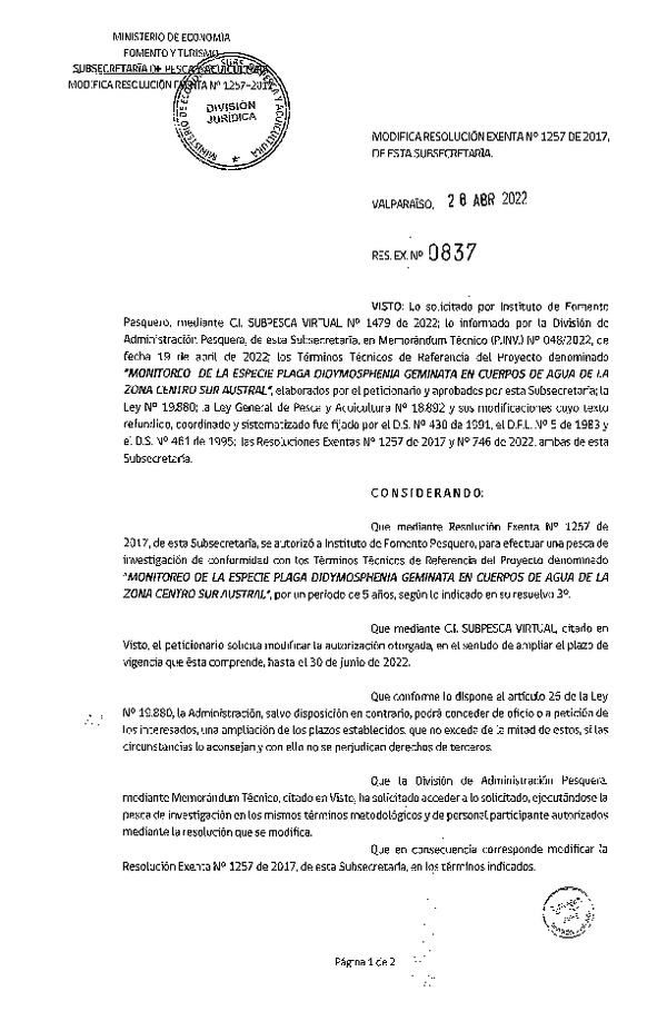 Res. Ex. N° 0837-2022 Modifica Res. Ex. N° 1257-2017 Monitoreo de la especie plaga Didymosphenia geminata. (Publicado en Página Web 29-04-2022)