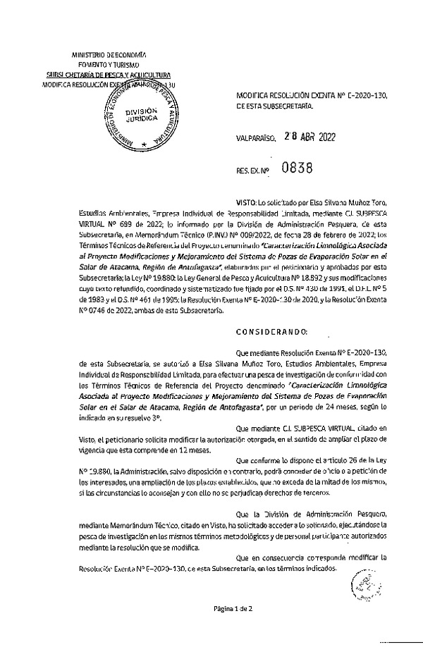 Res. Ex. N° 0838-2022 Modifica R. EX. Nº E-2020-130 Caracterización Limnológica Asociada al Proyecto Modificaciones y Mejoramiento del Sistema de Pozas de Evaporación Solar en el Salar de Atacama, Región de Antofagasta. (Publicado en Página Web 29-04-2022)