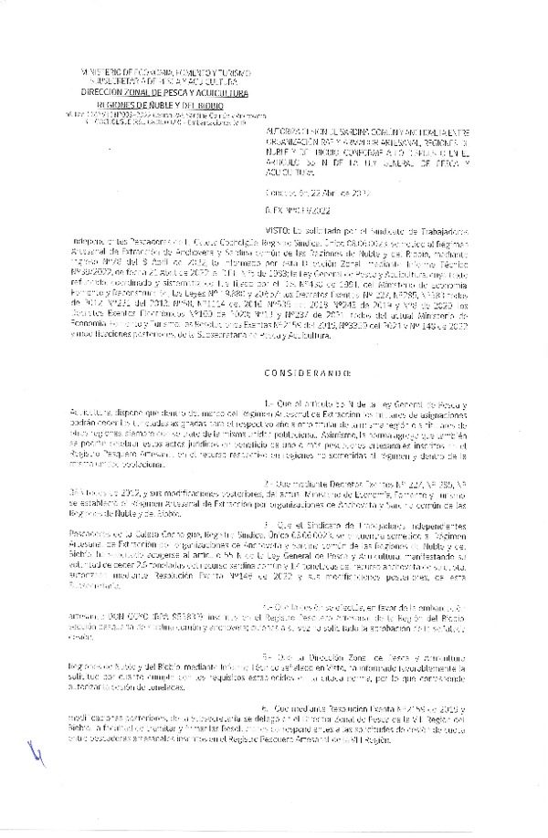 Res. Ex. N° 033-2022 (DZP Ñuble y del Biobío) Autoriza cesión Sardina común y Anchoveta. (Publicado en Página Web 29-04-2022)