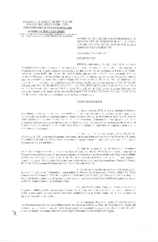 Res. Ex. N° 034-2022 (DZP Ñuble y del Biobío) Autoriza cesión Sardina común y Anchoveta. (Publicado en Página Web 29-04-2022)