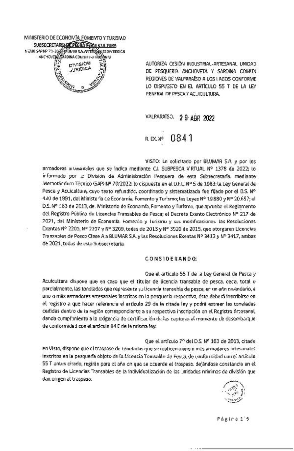 Res. Ex. N° 0841-2022, Autoriza Cesión unidad de pesquería de Anchoveta y Sardina común, Regiones Valparaíso a Los Lagos. (Publicado en Página Web 29-04-2022)