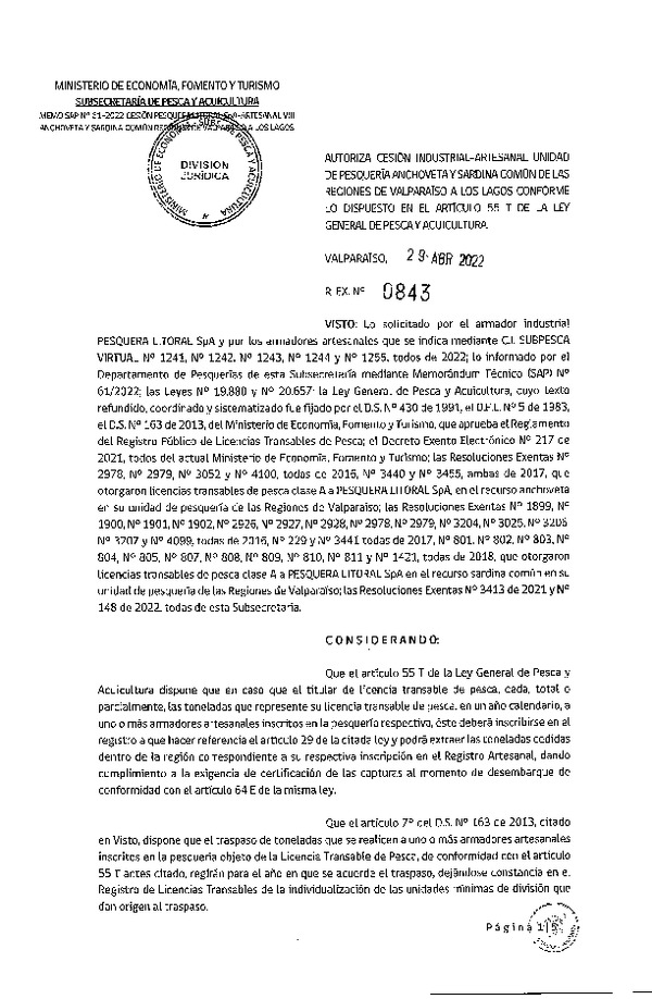 Res. Ex. N° 0843-2022, Autoriza Cesión unidad de pesquería de Anchoveta y Sardina común, Regiones Valparaíso a Los Lagos. (Publicado en Página Web 29-04-2022)