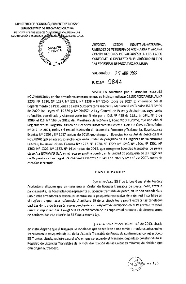 Res. Ex. N° 0844-2022, Autoriza Cesión unidad de pesquería de Anchoveta y Sardina común, Regiones Valparaíso a Los Lagos. (Publicado en Página Web 29-04-2022)