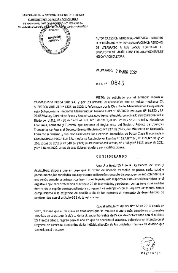 Res. Ex. N° 0845-2022, Autoriza Cesión unidad de pesquería de Anchoveta y Sardina común, Regiones Valparaíso a Los Lagos. (Publicado en Página Web 29-04-2022)