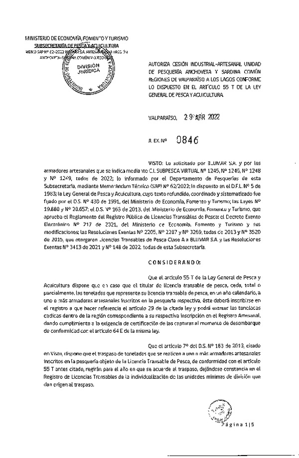 Res. Ex. N° 0846-2022, Autoriza Cesión unidad de pesquería de Anchoveta y Sardina común, Regiones Valparaíso a Los Lagos. (Publicado en Página Web 29-04-2022)