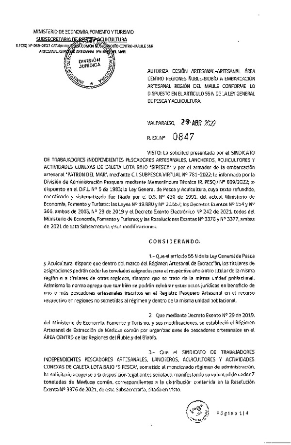 Res. Ex. N° 0847-2022 Autoriza Cesión de Merluza común, Región de Ñuble-Biobío a Región del Maule. (Publicado en Página Web 29-04-2022).