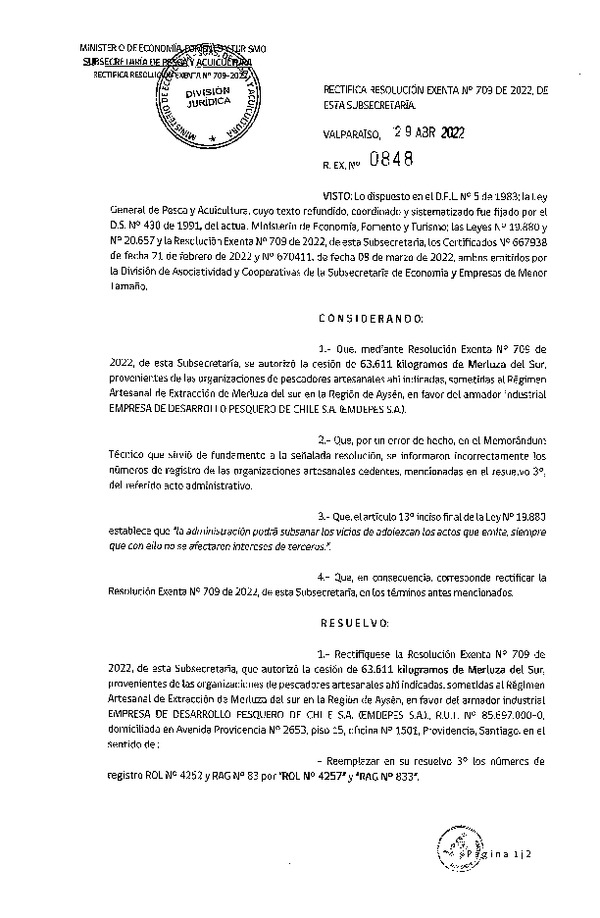 Res. Ex. N° 0848-2022 Rectifica Res. Ex. N° 0709-2022 Autoriza Cesión de Merluza del Sur, Región de Aysén. (Publicado en Página Web 29-04-2022)