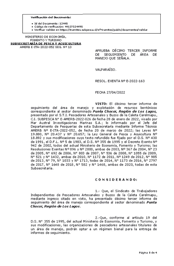 RESOL. EXENTA Nº E-2022-163 Aprueba 13° Seguimiento. (Publicado en Página Web 29-04-2022)