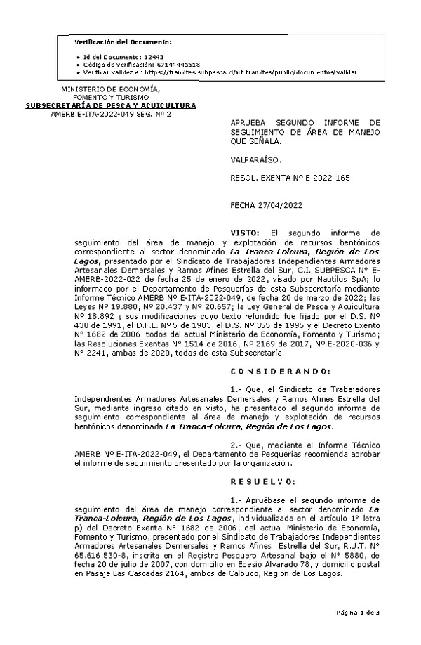 RESOL. EXENTA Nº E-2022-165 Aprueba 2° Seguimiento. (Publicado en Página Web 29-04-2022)